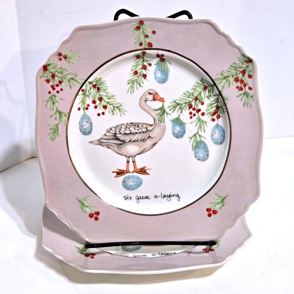 Anthropologie Lou Rota Dessert Plate 8.25" Pink Six Geese A-Laying Christmas NEW